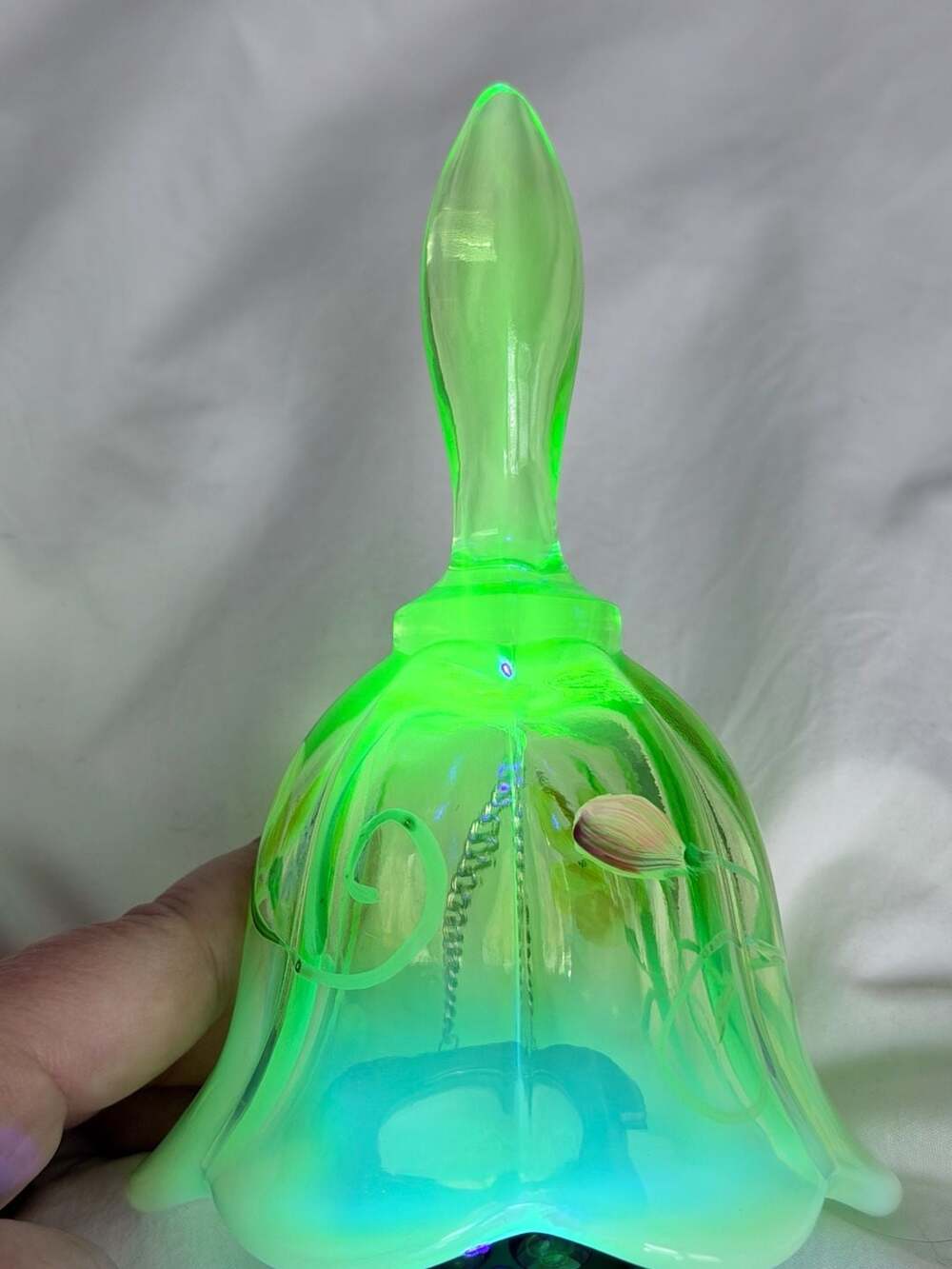 Uranium Fenton Hand Painted Light Green Floral Art Glass Bell